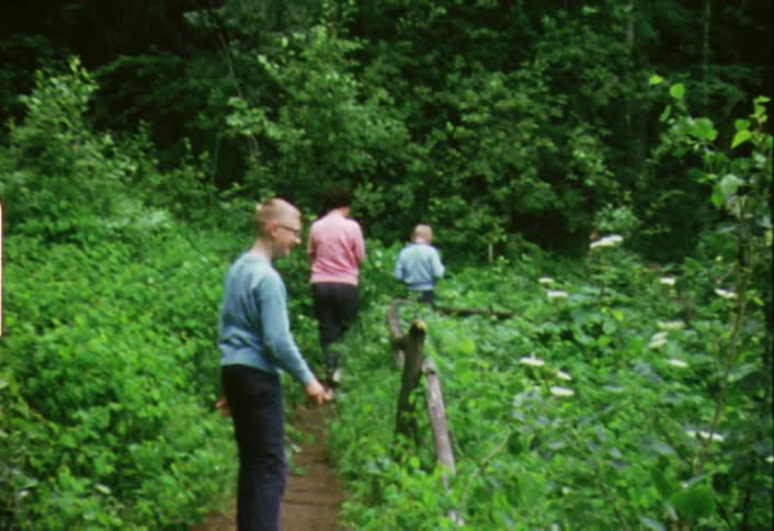 Three people walking a trail through a wooded area