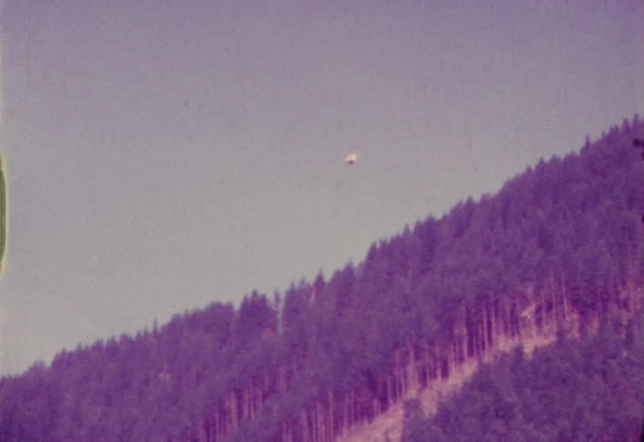 Two logs are dangling from a helicopter as it flies over a forest