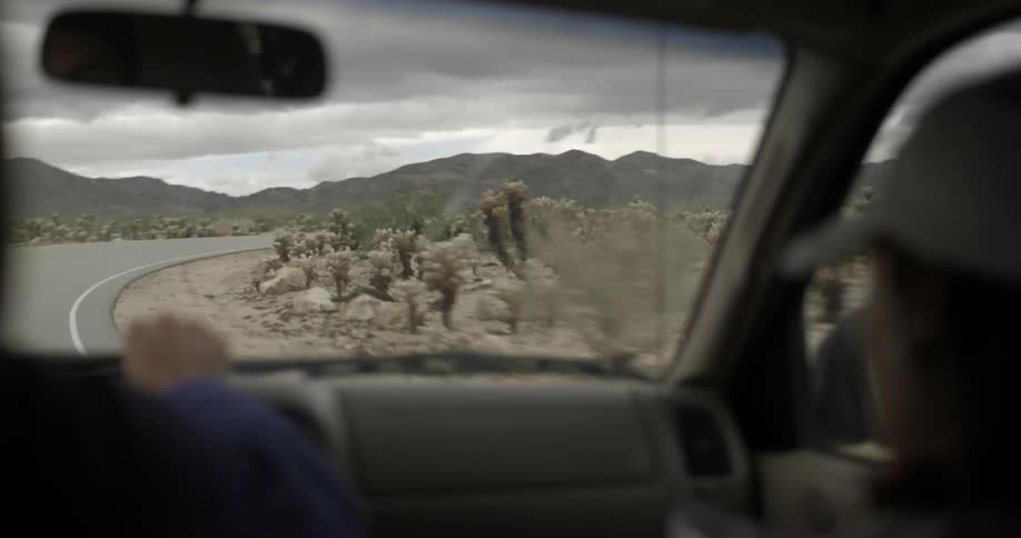 A man drives through a desert road