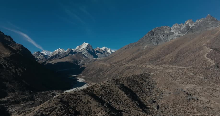 Natural landscape of mountains with their peaks covered by snow on a blue sky day