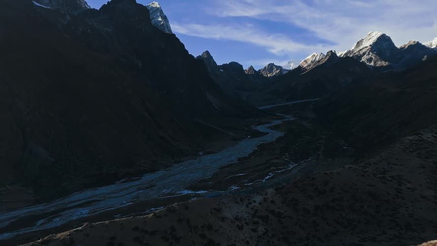 Aerial view of a mountain range with a stream flowing in the middle