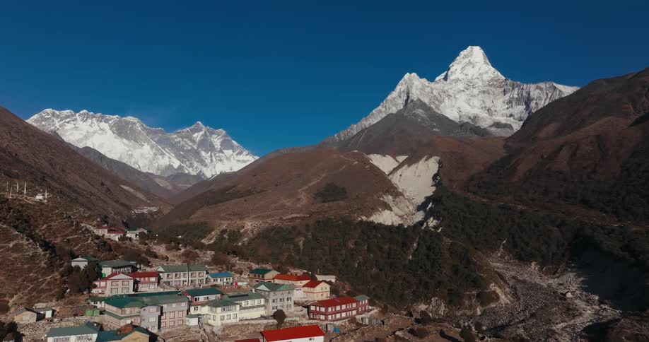 Aerial of a village withmount everest in the background