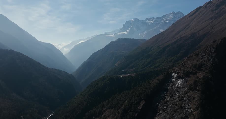 Aerial panorama with a landscape of mountains in forests in daylight