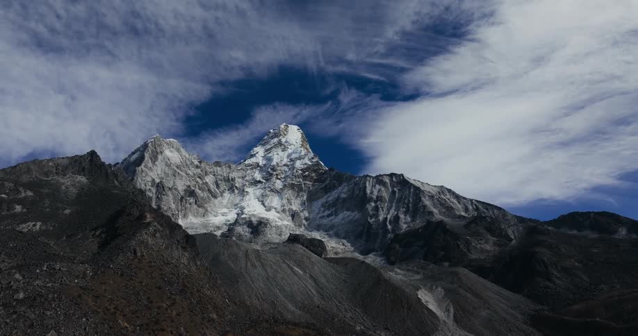 Mountains and peaks with snow and a blue sky day with clouds