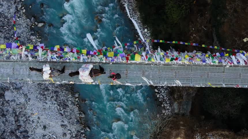 Horses crossing a suspension bridge over a river with a person following