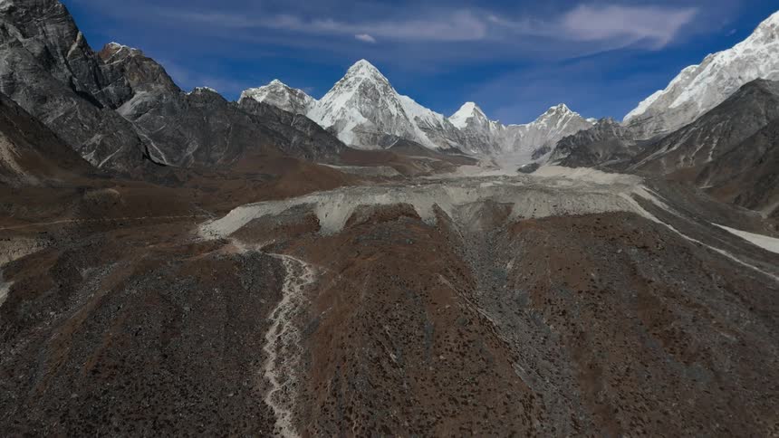 Aerial of a deserted mountain valley on a sunny day