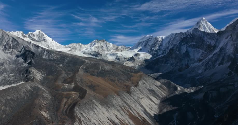 A mountainous region with a lot of snow in the highest mountain peak