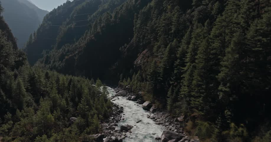 Landscape of a flowing river in the middle of mountains with forests in daylight