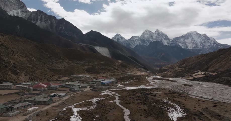Village on a desert land next to mountains in winter
