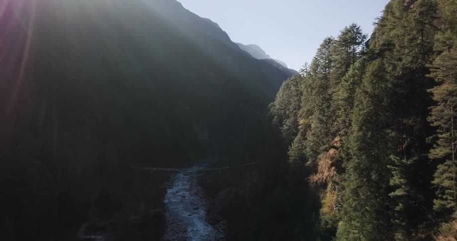 Landscape of a flowing river amidst mountains with forests in daylight