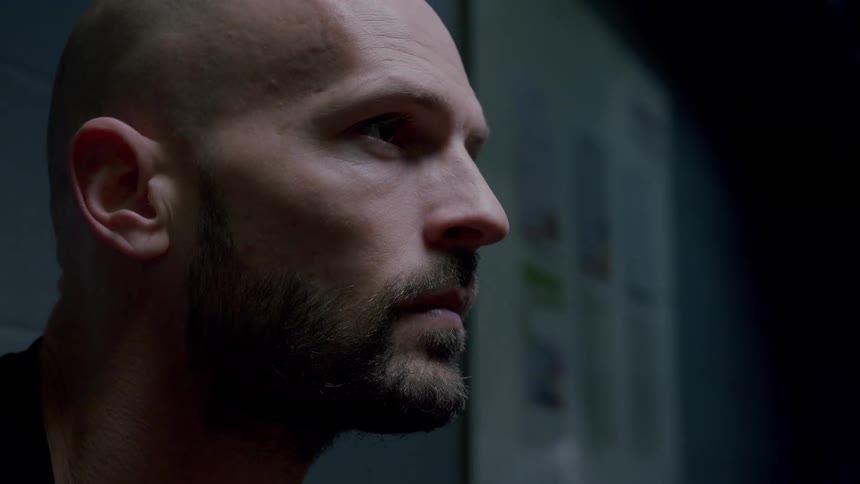 Closeup of a mans face with a beard and bald head