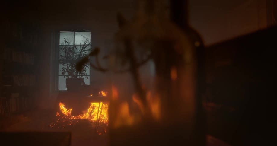 A living room engulfed in flames in slow motion