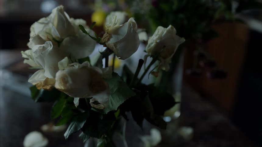 Closeup on a vase with white flowers