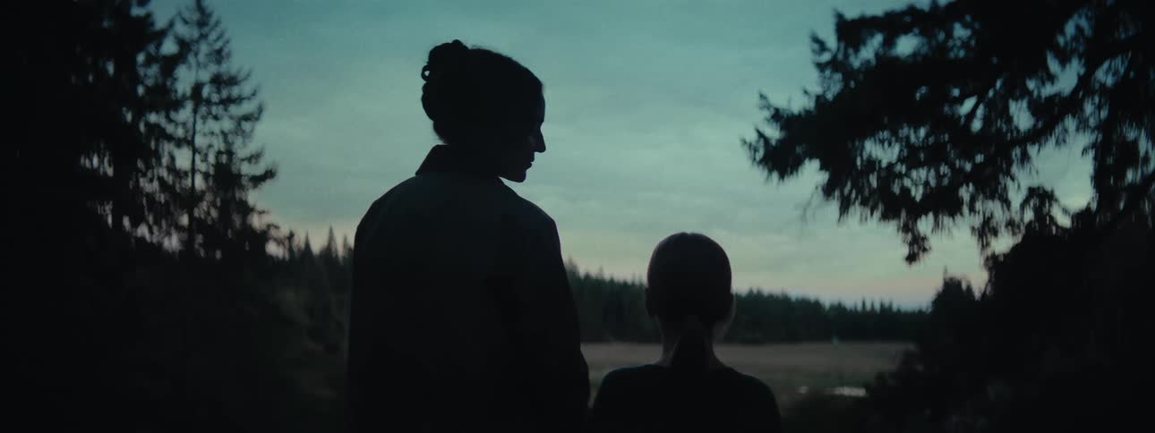 Mother and daughter stand partially silhouetted across field from forest during a storm