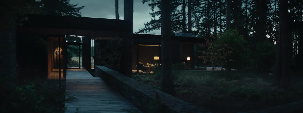 Luxurious modern house in the middle of a forest on a cloudy and dark day