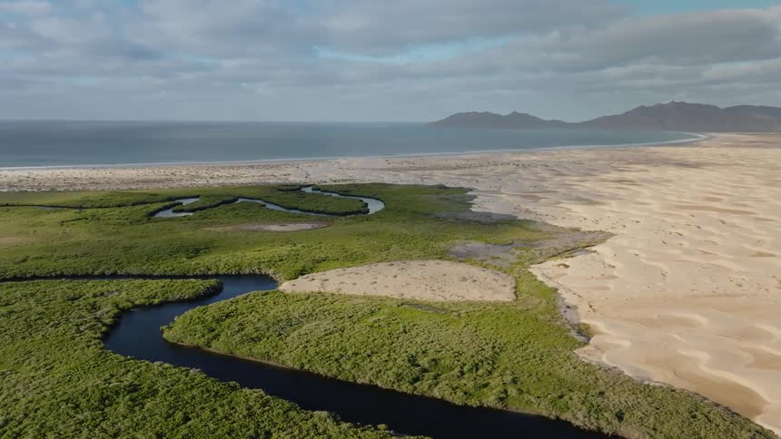 A aerial pan of a landscape that starts as jungle and turns into desert