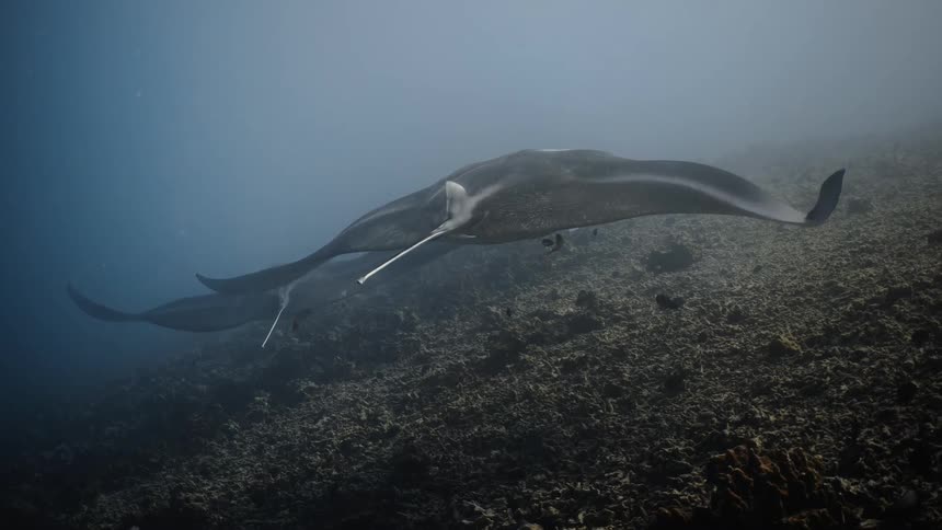 A sting ray swims on the ocean floor