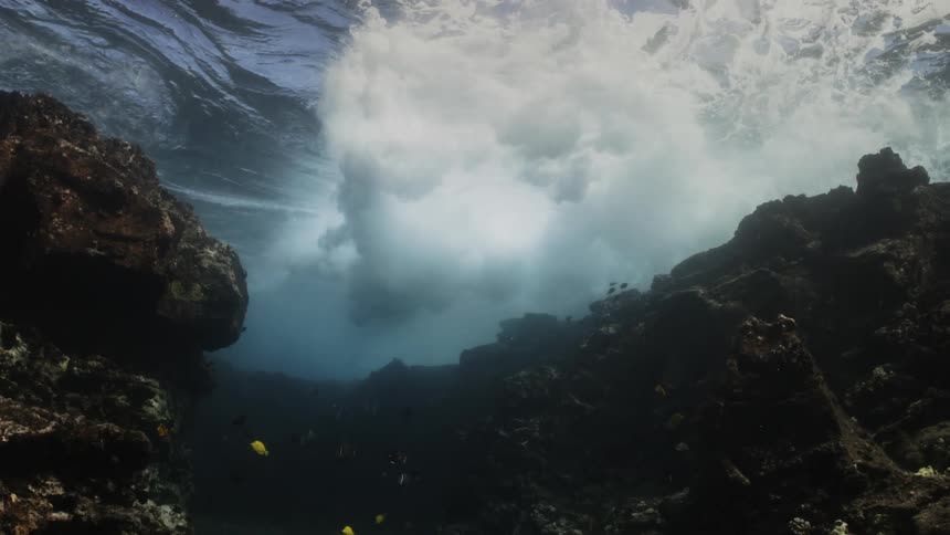 Inside the sea and a cenote with fish and waves breaking in slow motion