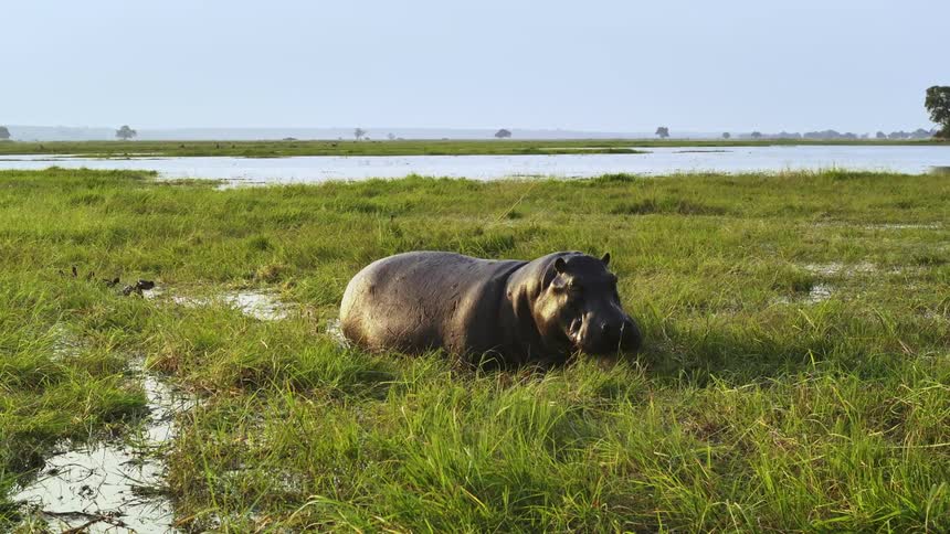 A hippopotamus moving through a marsh eating weeds from the water