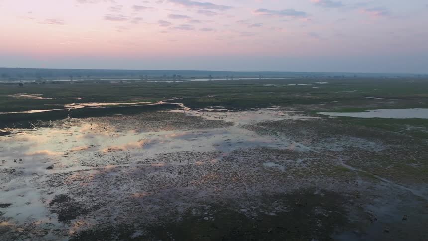 Aerial landscape of a soil with water in a purple morning sky