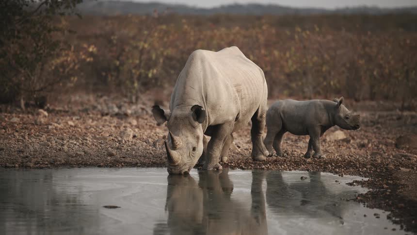 Big rhino drinking water from a pond while the small rhino walks around at midday