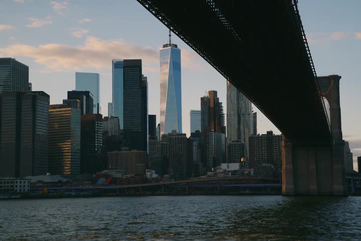 Panorama of a river bank in a metropolitan city during sunset