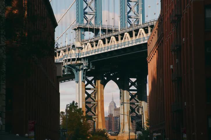 A new york city street with a view of a bridge