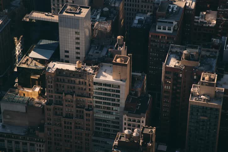 A dense tower block in a city