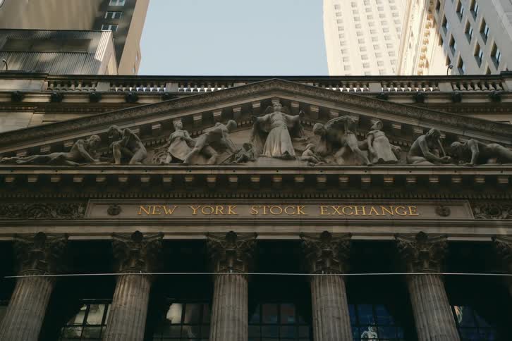 Upward view of the facade of the new york stock exchange
