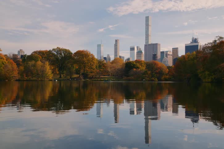 A city sits near a forest and body of water