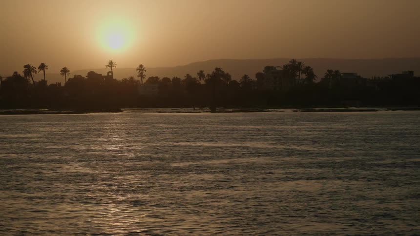 Palm trees in the distance are silhouetted against the sunset near the sea