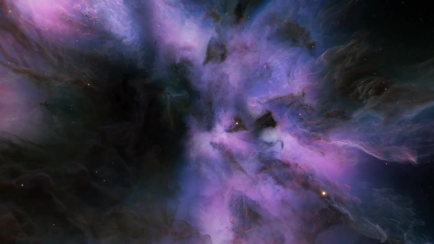 A bright purple nebula in the starry galaxy