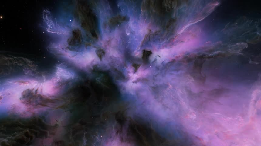 Stars fly though the dark clouds of a glowing pink nebula