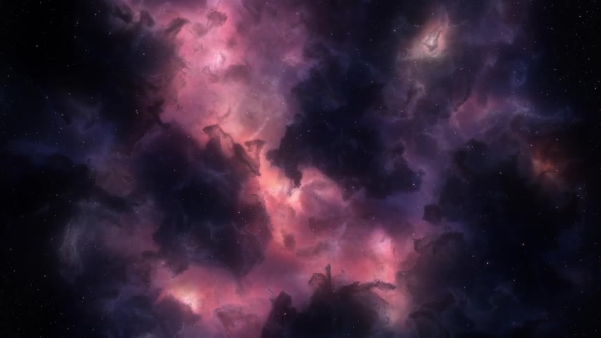 Lights float through space away from purple and pink nebula