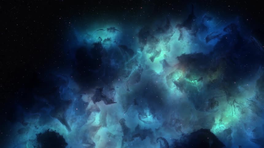 Blue nebula galaxy clouds surrounded by stars is moving away