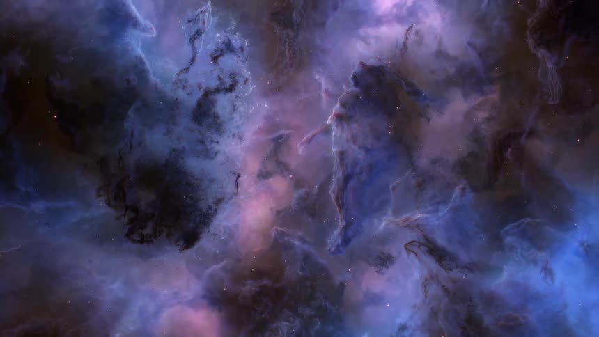 Shooting stars fly among glowing clouds in the darkness of space