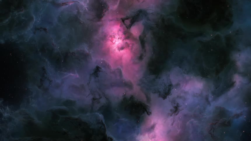 Purple and pink nebula galaxy clouds filled with stars rolling backwards