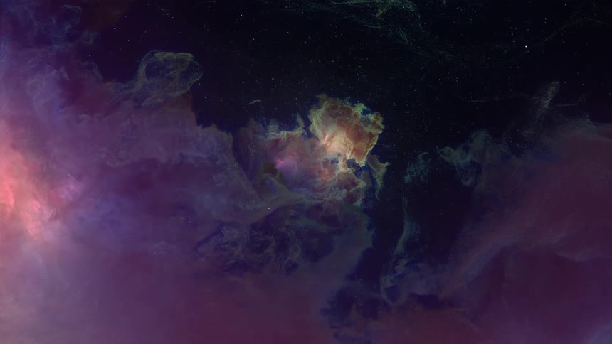 Thin pink nebula clouds roll forward and disappear revealing a rainbow supernova suspend in space surrounded by stars