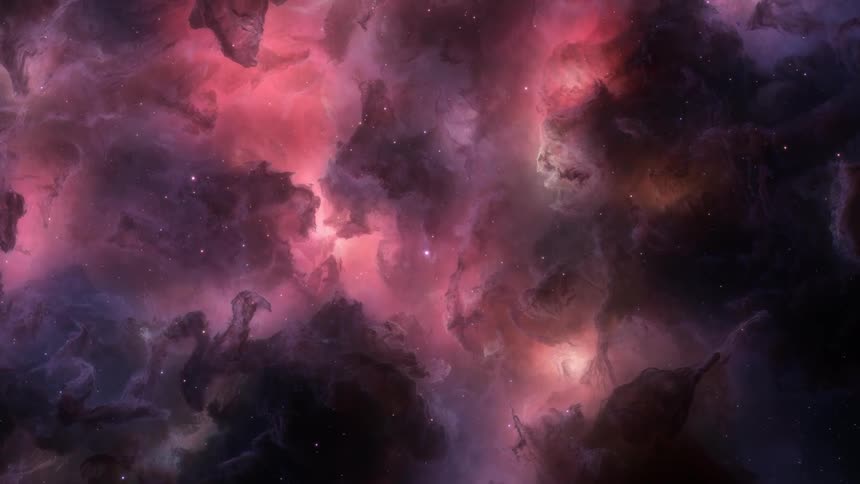 Dark red toned nebula clouds filled with stars rolling vertically around a central light source