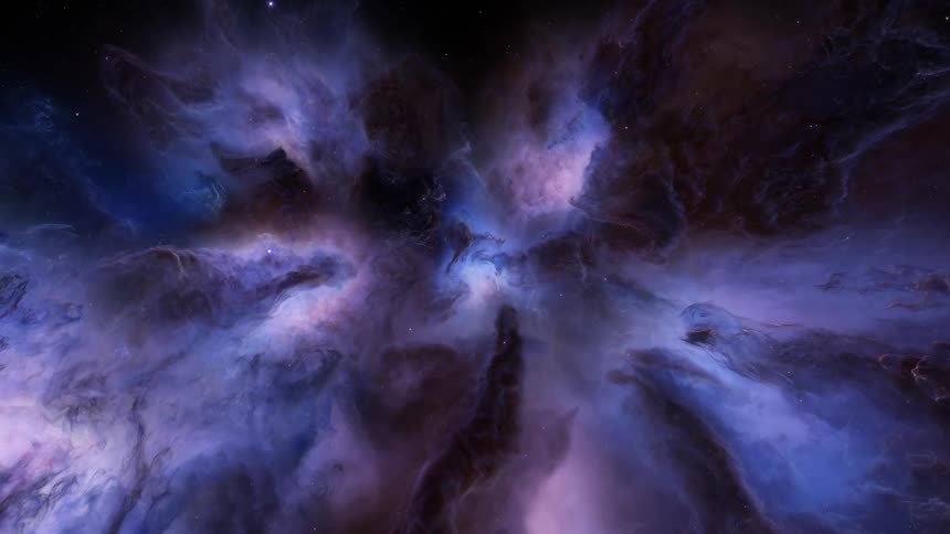 A space view looking into the sky with red and blue cloud
