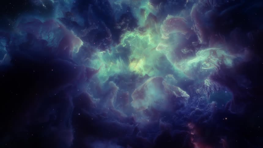 Star move among the clouds of a glowing nebula
