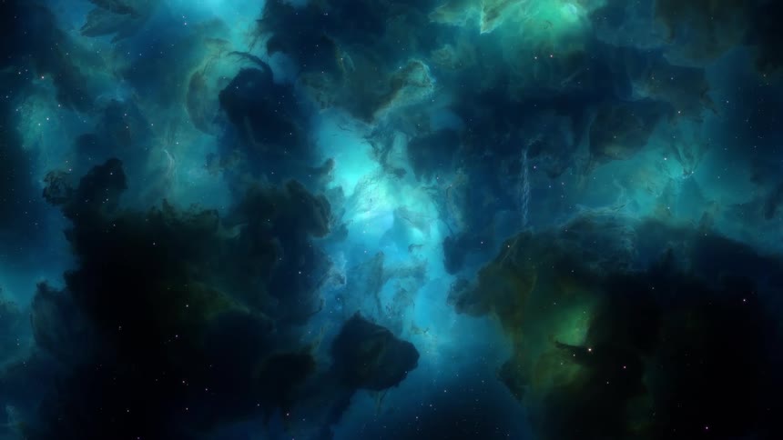 A colorful nebula filled with bright green and blue hues in space