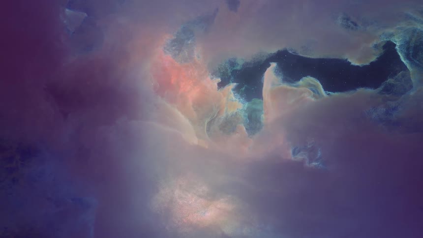 A colorful nebula filled with bright purple and blue hues in space