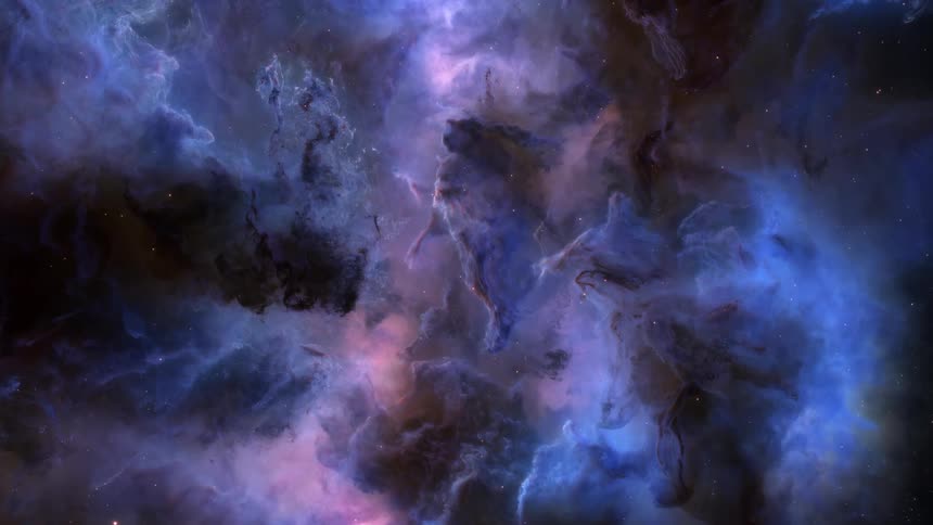 A colorful nebula filled with bright purple and blue hues in space