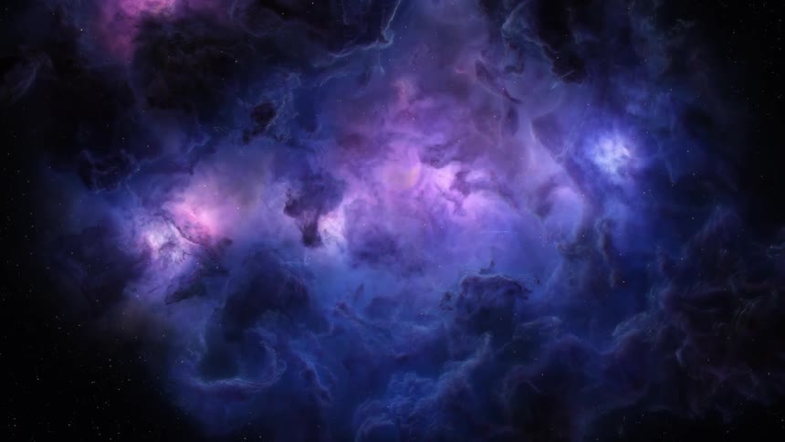 A colorful nebula filled with bright purple and blue hues in space