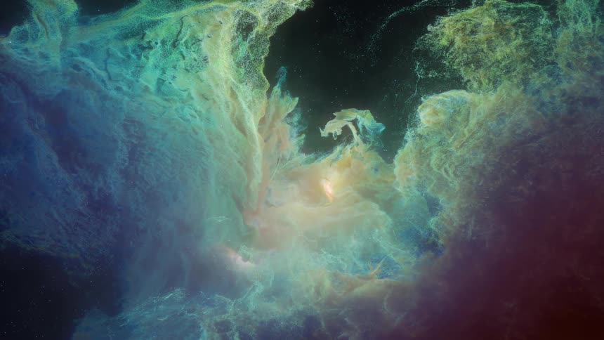 A colorful nebula filled with bright purple and blue hues in space