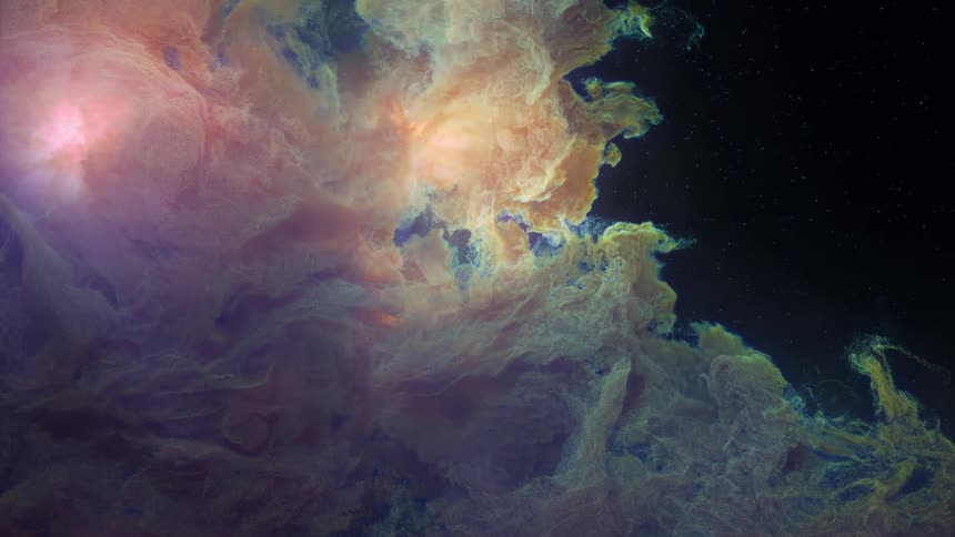 Spots of light shine through pale blue and yellow clouds floating in black background