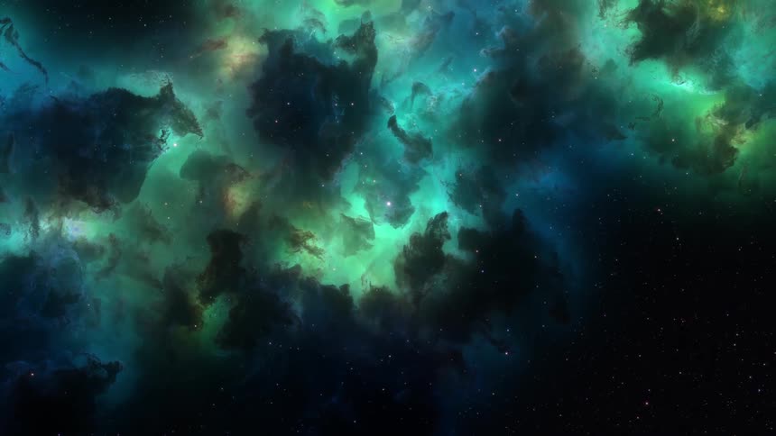 Deep in space the galaxy is in green blue cloud