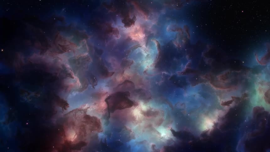 A colorful filled with bright pink and blue hues nebula in space