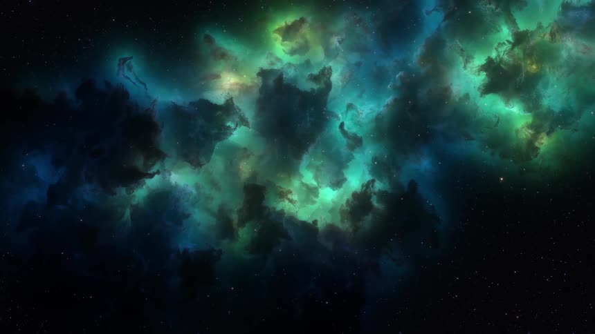 Bright greenish and dark nebula through space